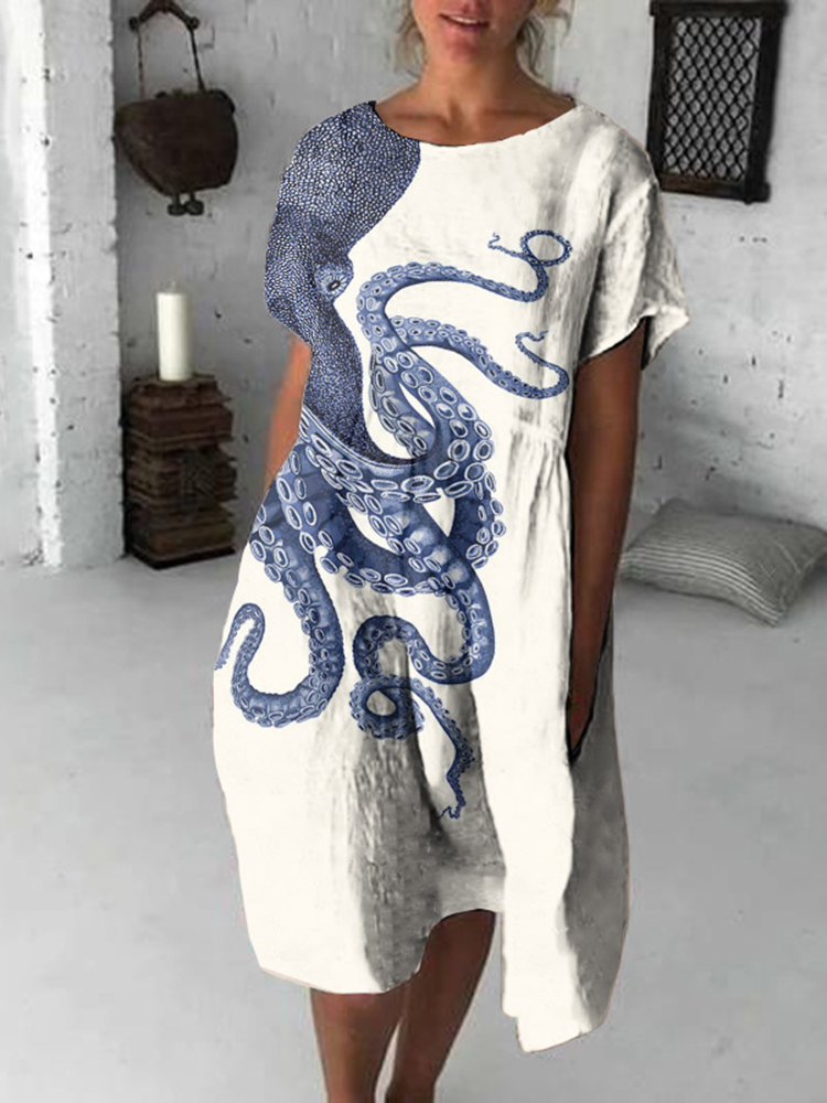 Comstylish Japanese Art Octopus Print Crew Neck Loose Midi Dress