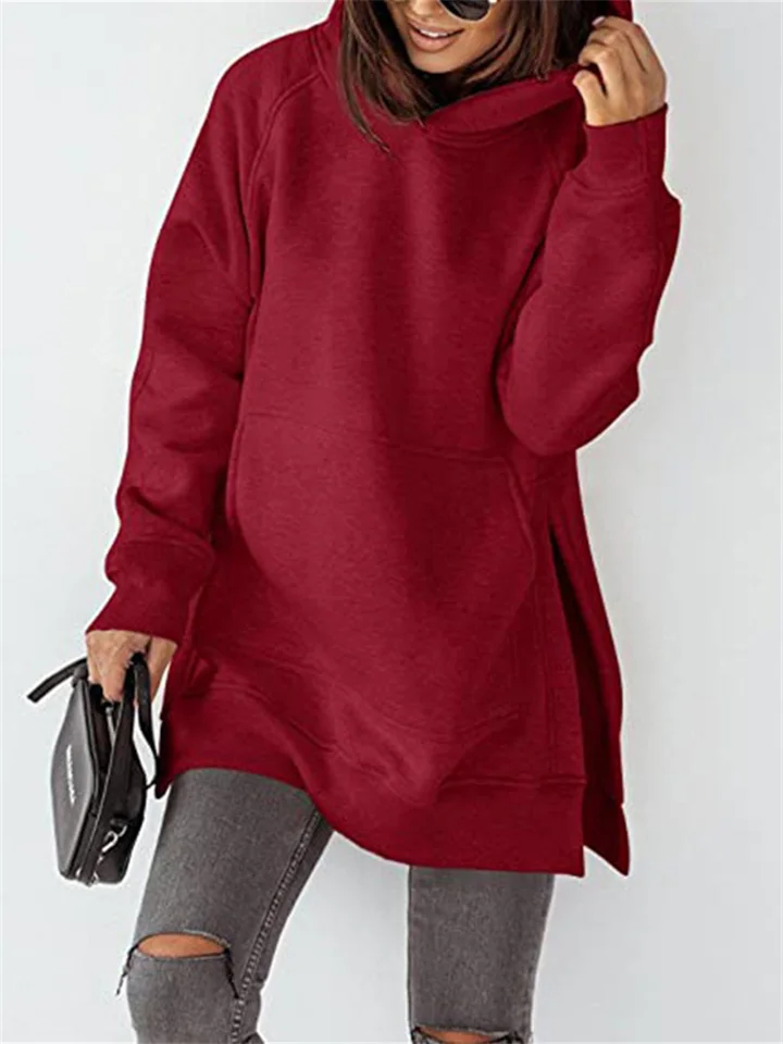 Women's New Long Sleeve Round Neck Padded Sweatshirt Solid Color Pocket Loose Hooded Long Sleeve Sweatshirt-Cosfine