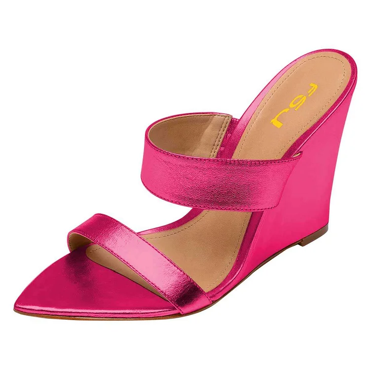 Hot Pink Pointed Toe Wedge Heels Mules Sandals |FSJ Shoes