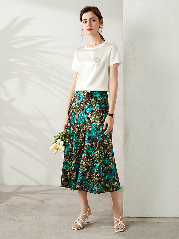 Ensemble de T-shirt et jupe en soie style imprimé strass- SOIE PLUS