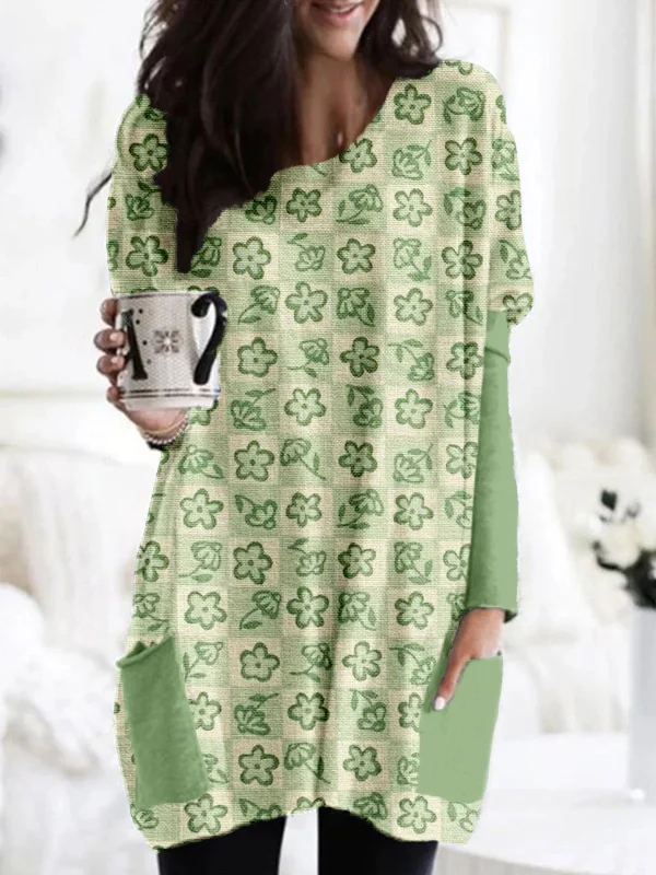 Wearshes Green Floral Check Pattern Patch Pocket Comfy Tunic