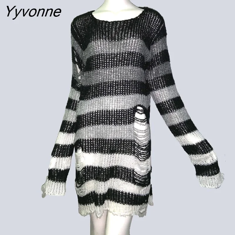 Yyvonne Size Punk Gothic Long Unisex Sweater Dress Cool Hollow Out Hole Broken Jumper Loose Rock Thin Sweter 2023 Women Man Striped 305-0