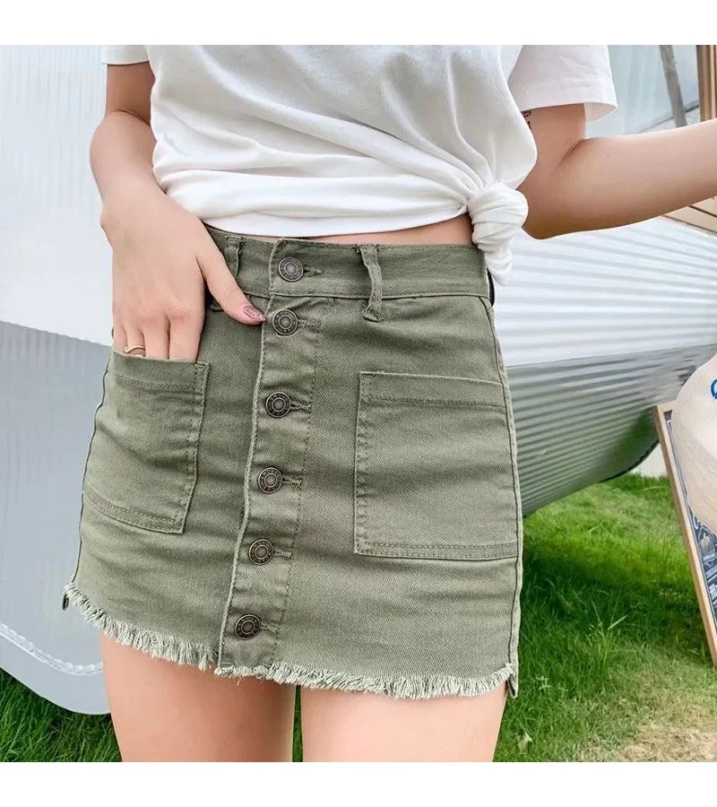 Chic Lady Solid Color Pocket Design Single-breasted Denim Skirt