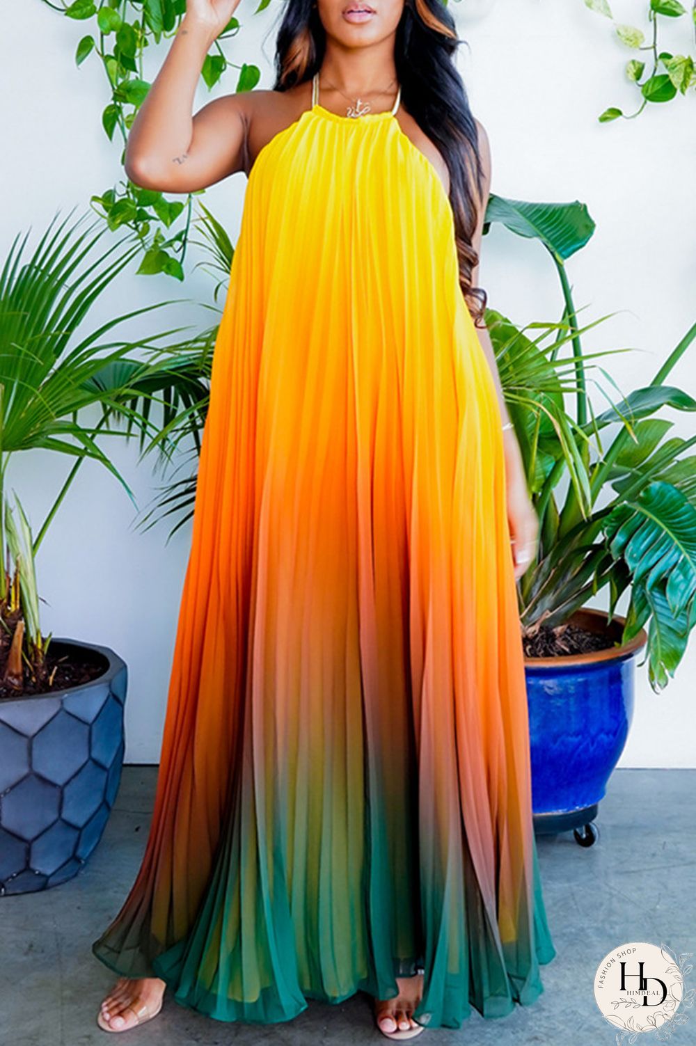 Yellow Sexy Casual Gradual Change Print Backless O Neck Sleeveless Dress