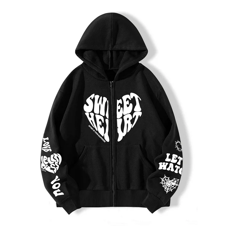 Y2k Letter Love Print Sweatshirt Loose Hooded Zipper Jacket at Hiphopee