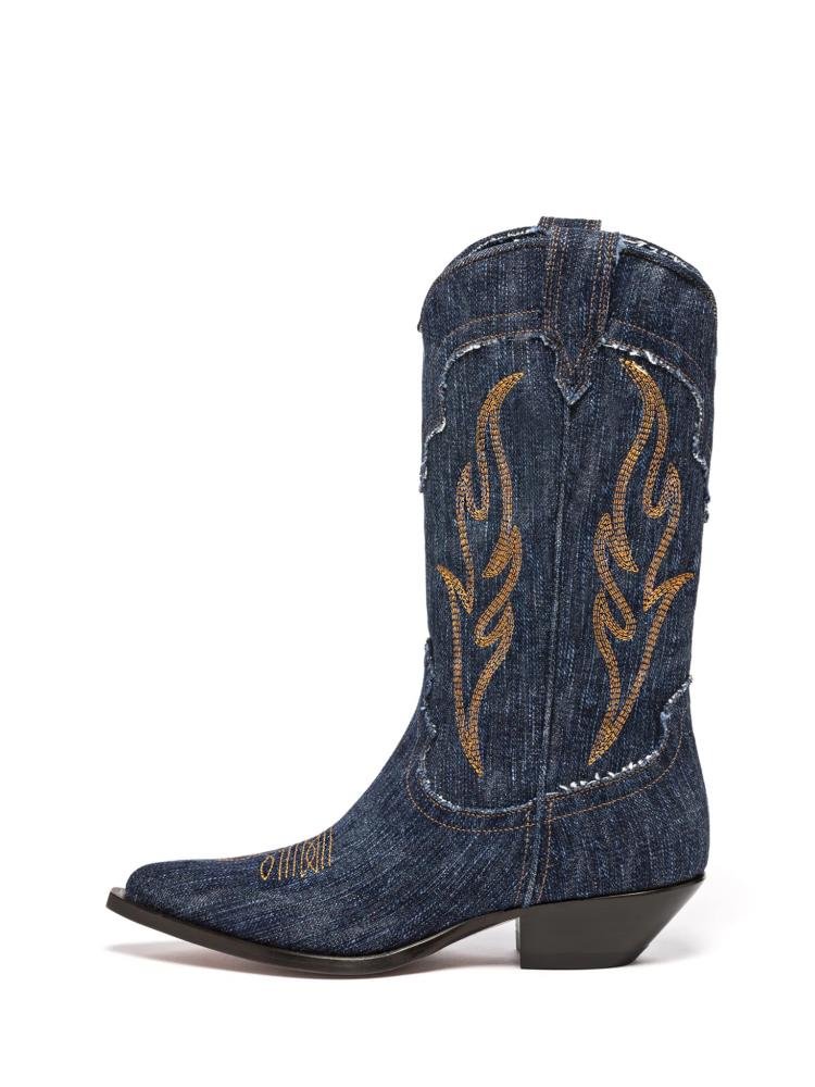 Denim Blue Embroidered Slanted Chunky Heel Western Mid Calf Boots