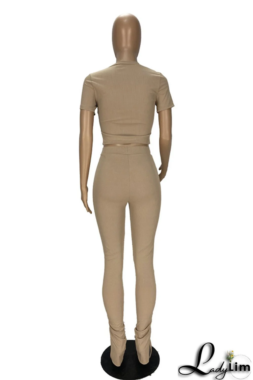 Khaki Fashion Casual Solid Draw String Frenulum O Neck Short Sleeve Two Pieces