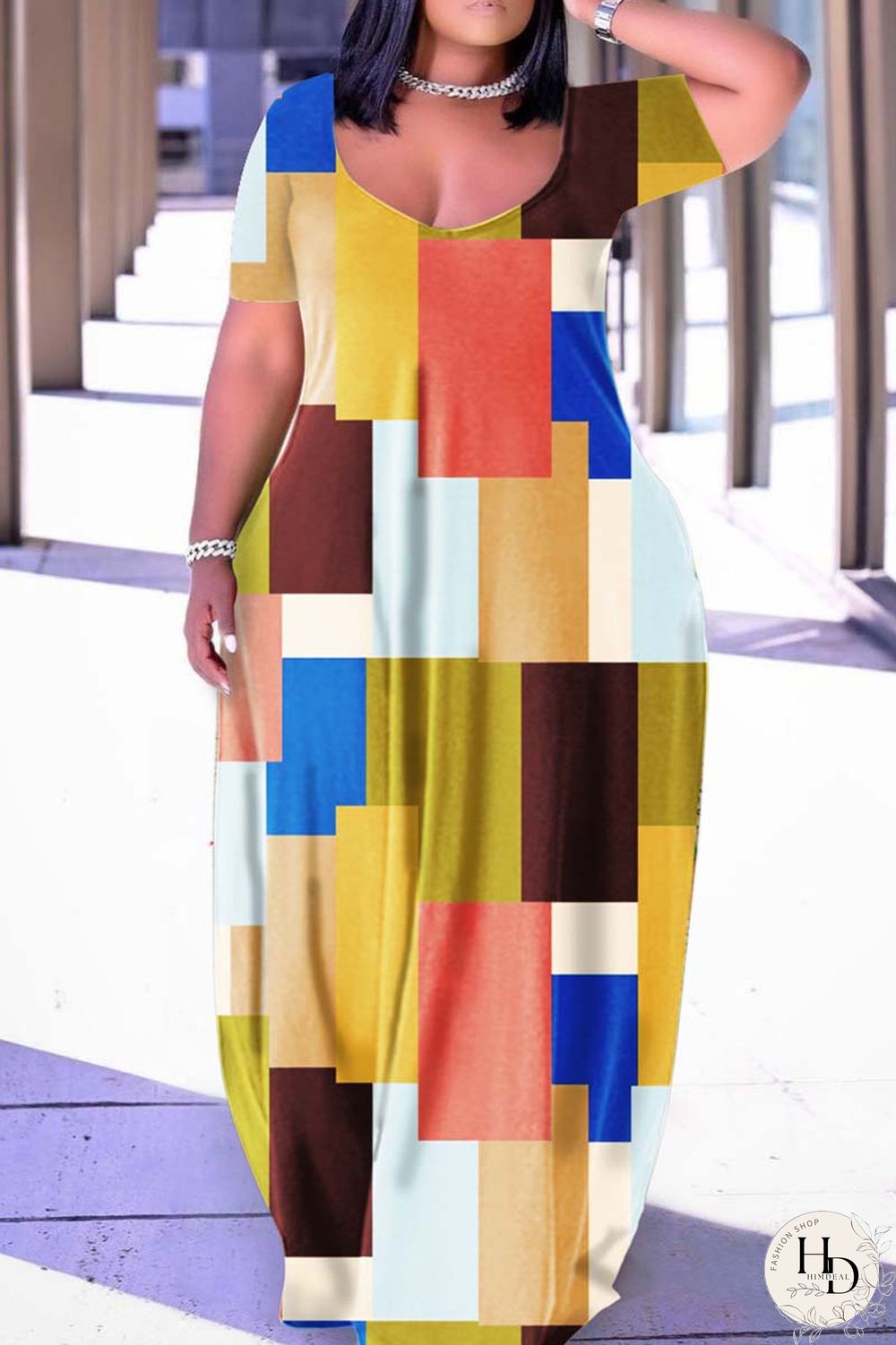 Apricot Casual Print Basic V Neck Short Sleeve Dress Plus Size Dresses