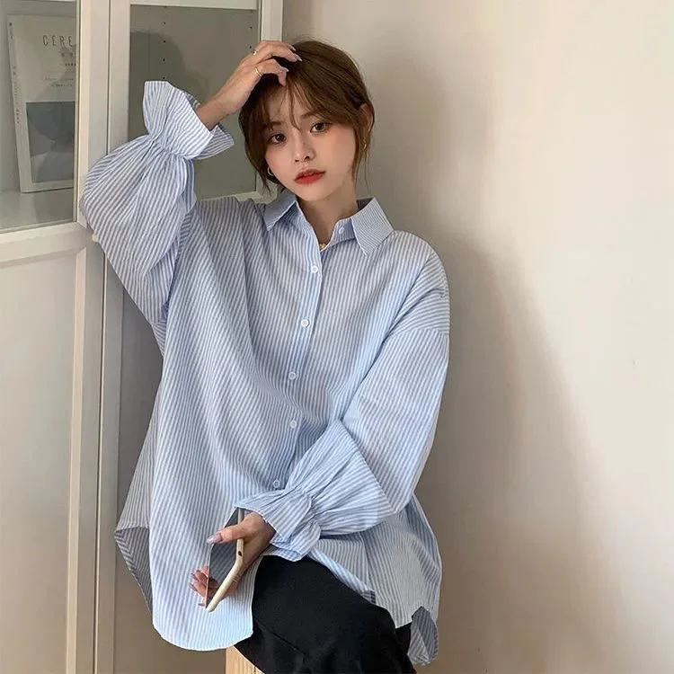 Shirt Women Chic Oversized Lazy Striped Butterfly-sleeve Turn-down Collar Preppy Style Ulzzang Female Clothing Buttons 3-colors