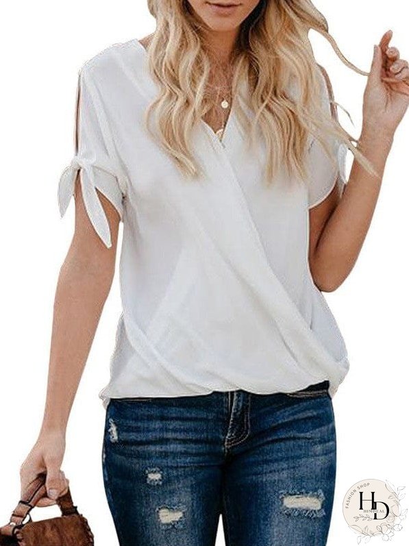 Women's Short Sleeve Knotted Cuff Blouse