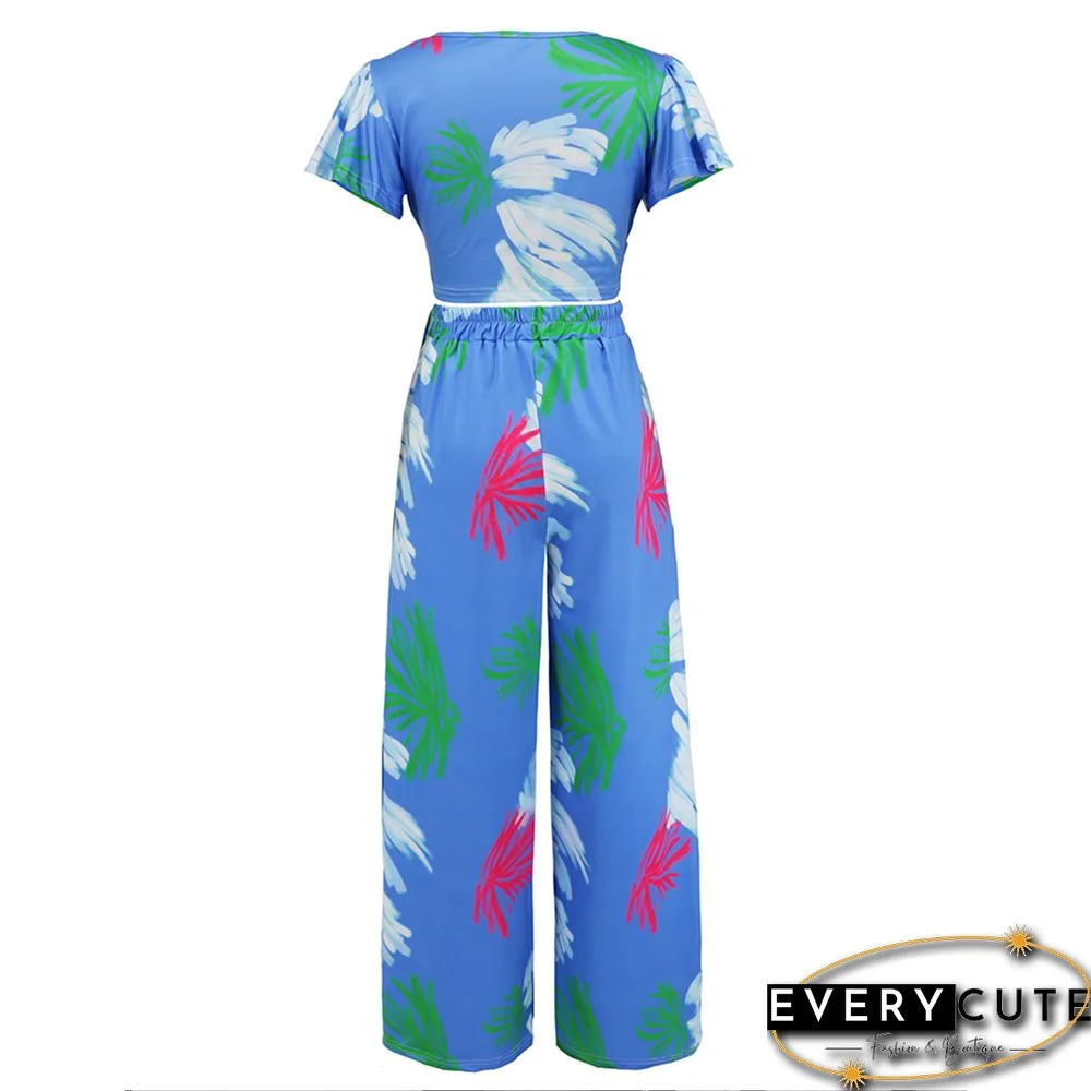 Blue Printed V Neck Crop and Wide Leg Pant Set