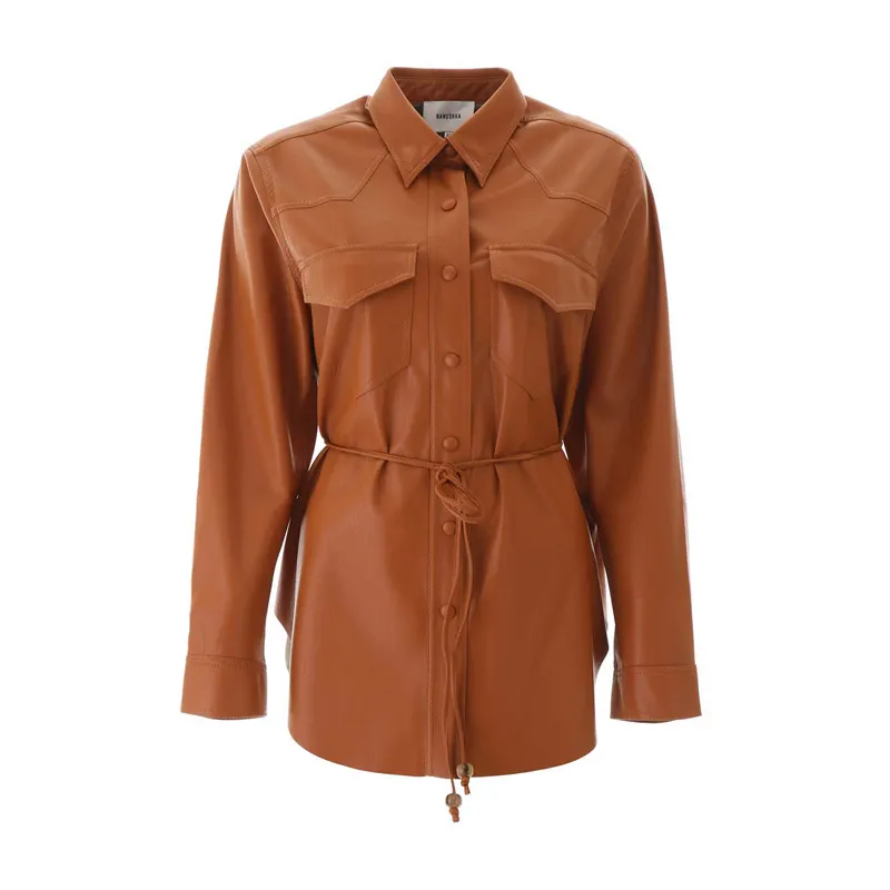 Niche artificial leather shirt women's single breasted drawstring long sleeve leather jacket-vocosishoes