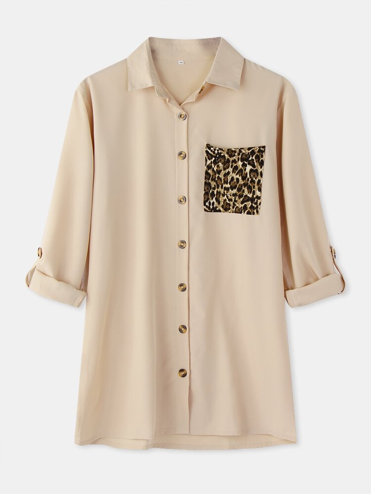 Women Leopard Patchwork Button Pocket Lapel Long Sleeve Blouse P1797600