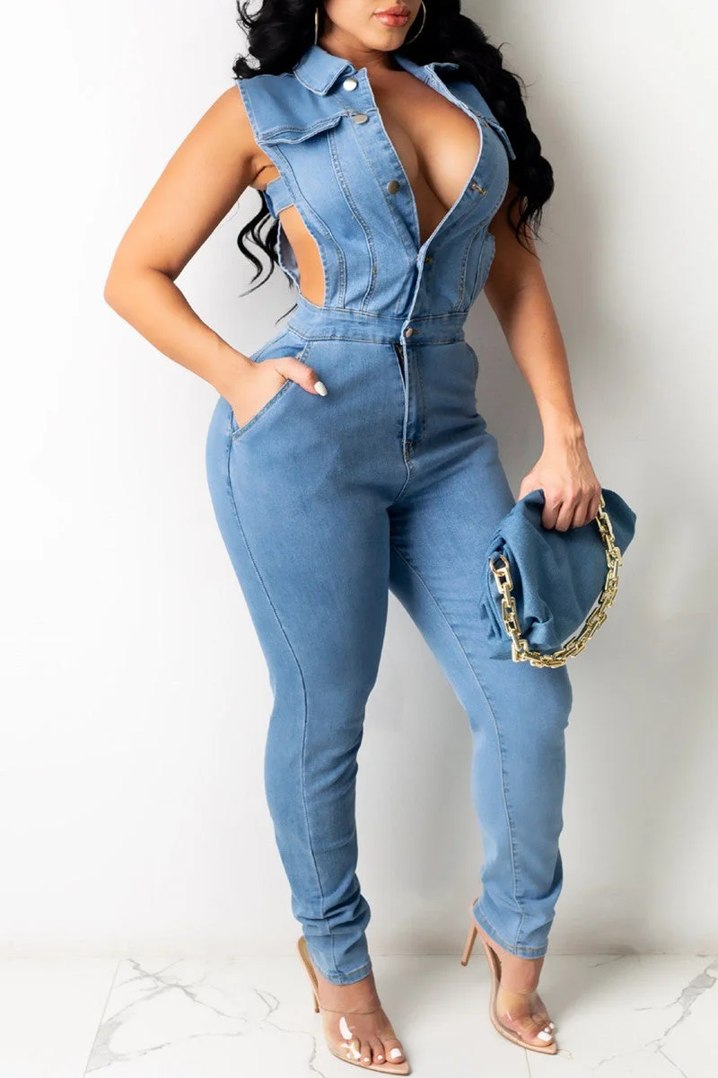 Sexy Casual Solid Hollowed Out Turndown Collar Regular Jumpsuits