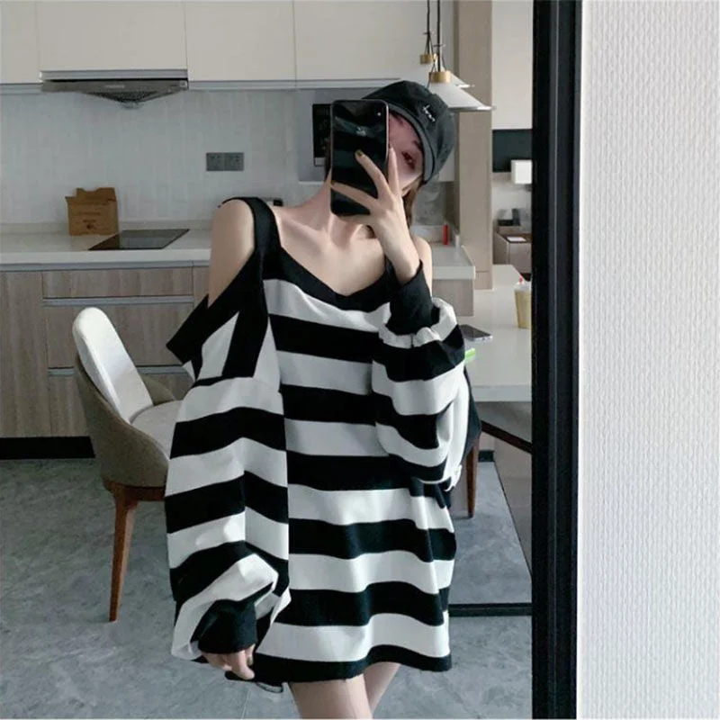 QWEEK Striped Sweatshirt Women Harajuku Gothic Hoodie Clothes Cotton Korean Long Sleeve Off Shoulder Kawaii Tops Oversize Kpop