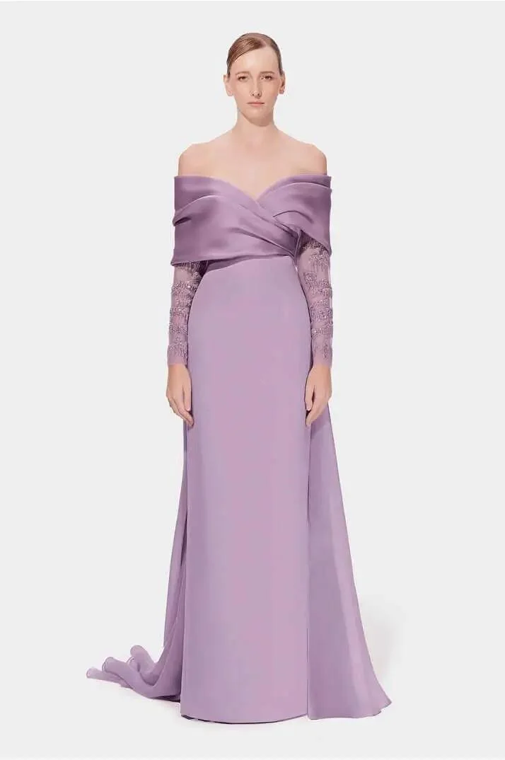 Miabel Glamorous Light Purple Satin Off the Shoulder Long Sleeves Long Prom Dress with Beadings