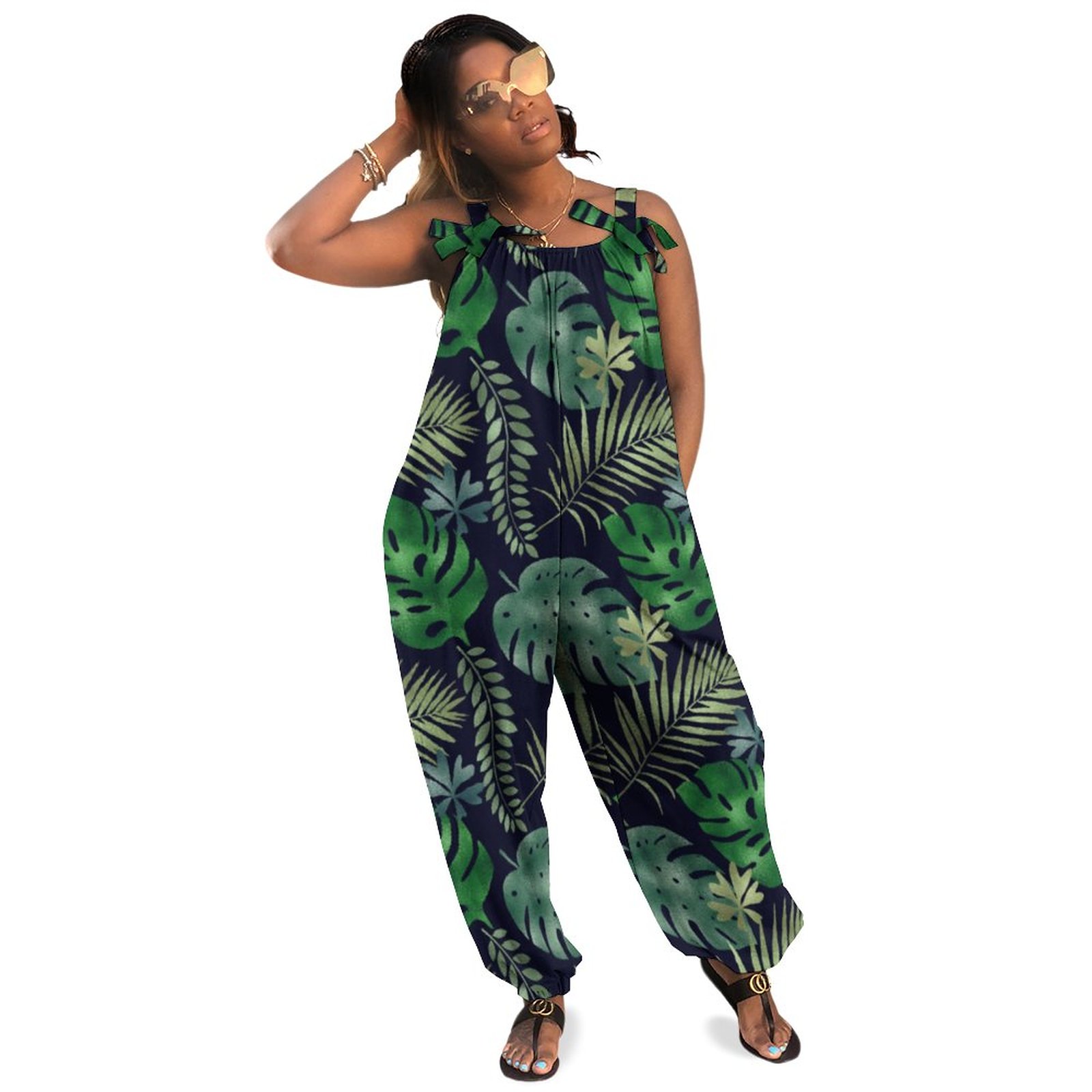 Elegant Tropical Leaf Pattern Green Black Plus Size Women Rompers Summer Casual Loose Jumpsuit Sporty Boho Pockets Polyester Spandex