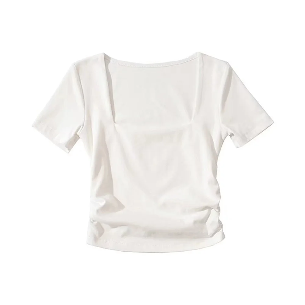 Mongw Trendy Women's T-Shirt Slim Style Square Collar Wrinkled Candy Color Short-Sleeved Elastic Blouse