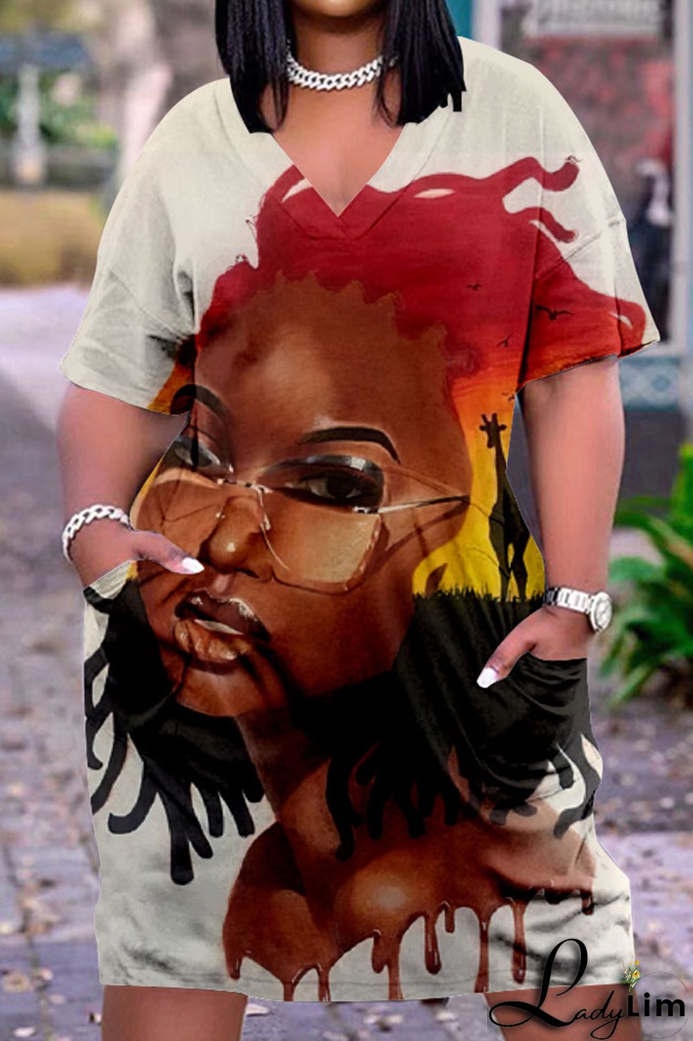 Beige Casual Street Print Patchwork V Neck Straight Dresses