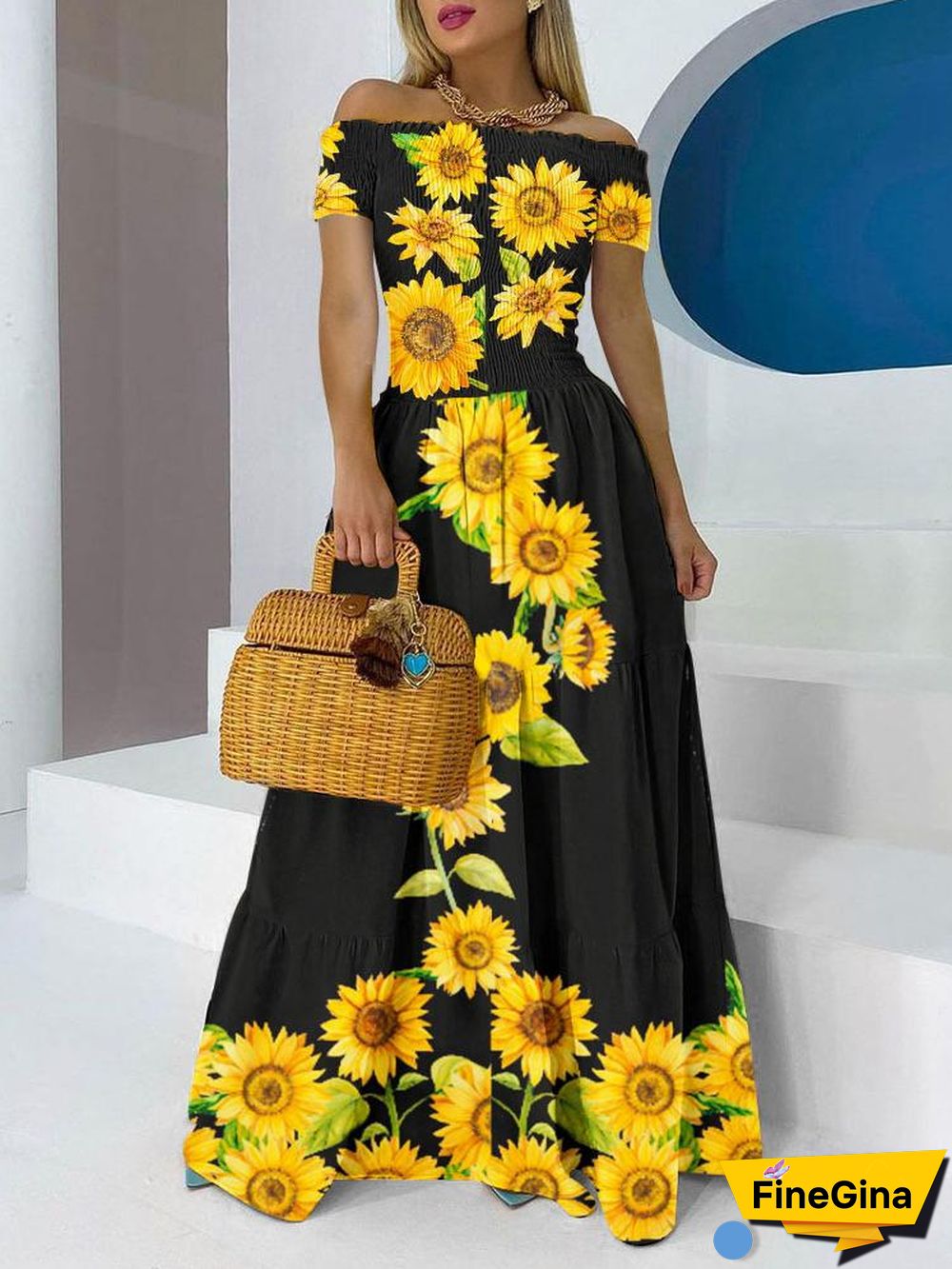 Off The Shoulder Sunflower Printed Black Beach Dress