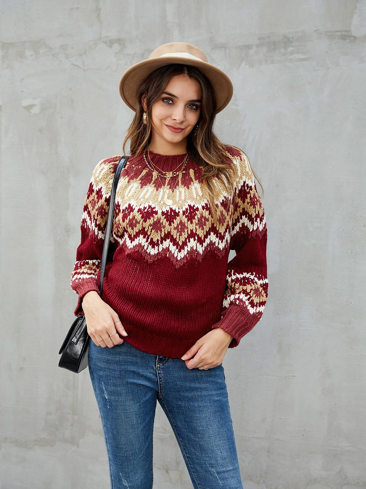 Burgundy Casual Tribal Knitted Acrylic Sweaters