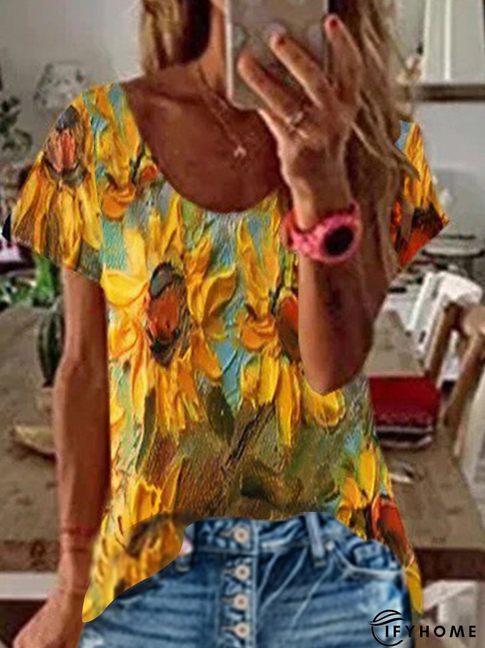 Crew Neck Shift Sunflower Short Sleeve T-shirt | IFYHOME