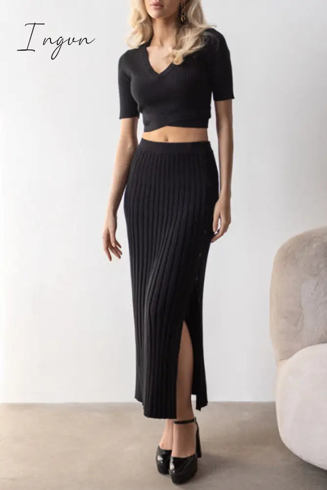 Ingvn - Elegant Solid Slit V Neck Short Sleeve Two Pieces Black / S Pieces/Two-Piece Dress