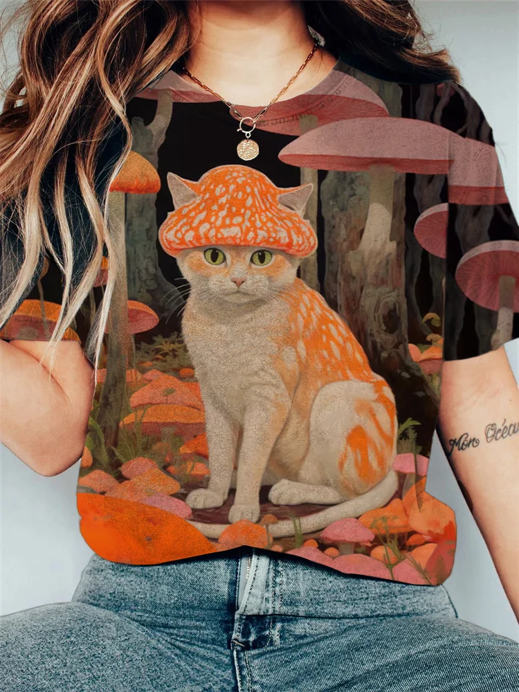 Women's 70s Retro Psychedelic Cat Print Casual T-Shirt