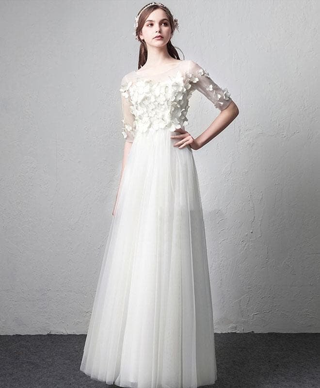 White Round Neck Tulle Long Prom Dress, White Evening Dress