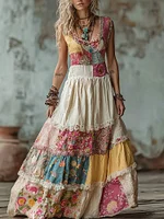 Vintage Boho Floral Pattern Patchwork Flowy Linen Maxi Tank Dress