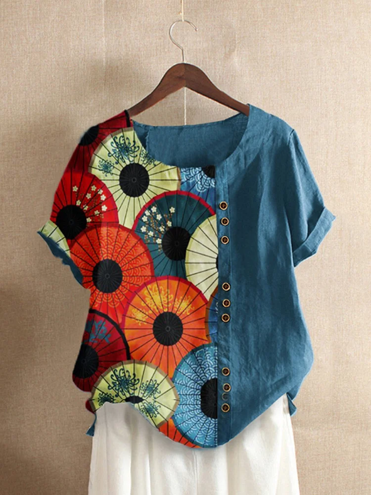 Bestdealfriday Blue Floral Cotton Blend Short Sleeve Shirts Tops 9210301