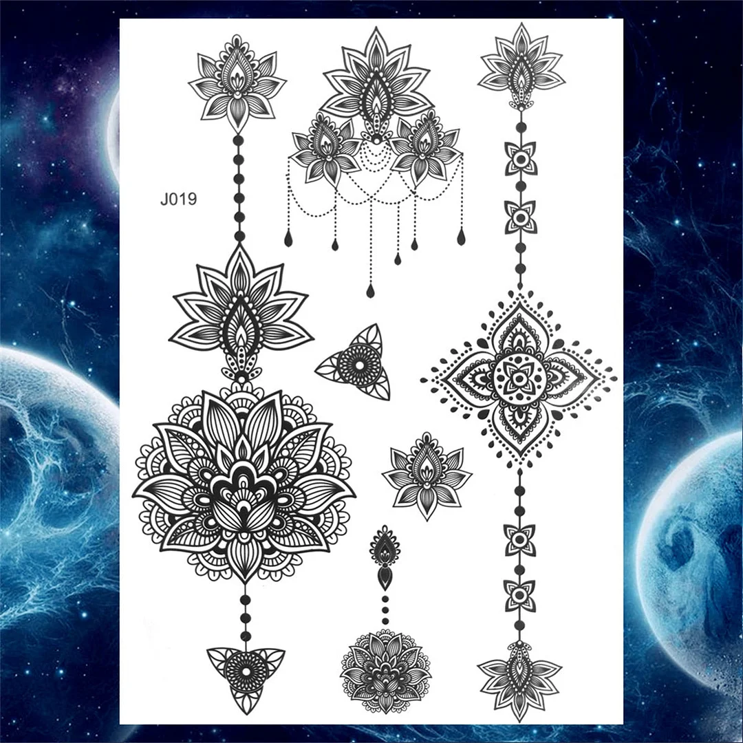 Lace Butterfly Temporary Tattoos For Women Girls Kids Tribal Black Henna Tattoo Sticker Mandala Flower Fake Jewelry Tatoos Adult