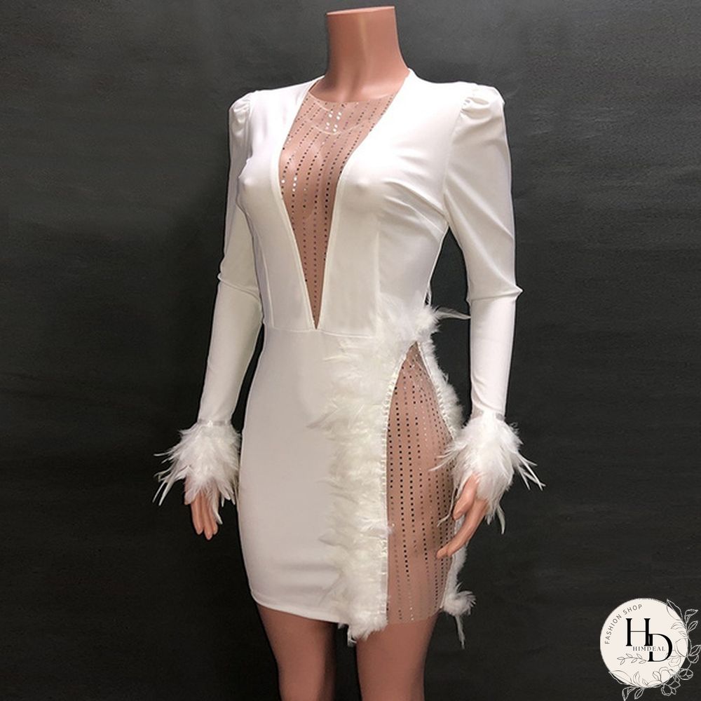 New Women Mesh Night Dress Inserted Embellished Party Dresses White Feather Mini Dress