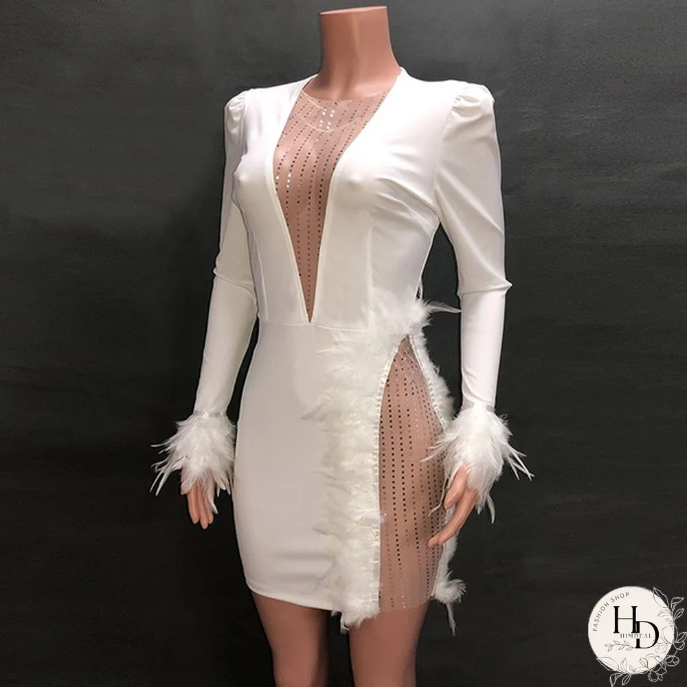 New Women Mesh Night Dress Inserted Embellished Party Dresses White Feather Mini Dress