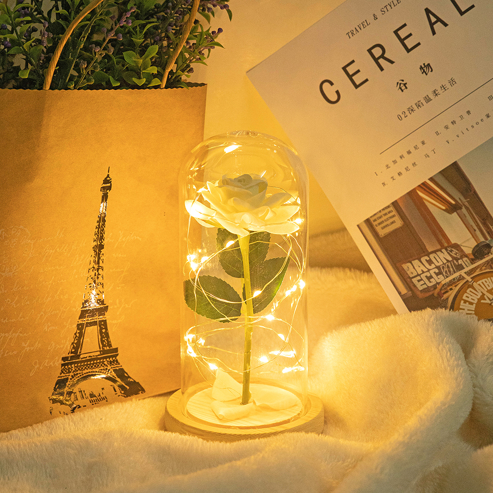

LED Artificial Eternal Rose Glass Cover Preserved Flower-Night Light, White, 501 Original