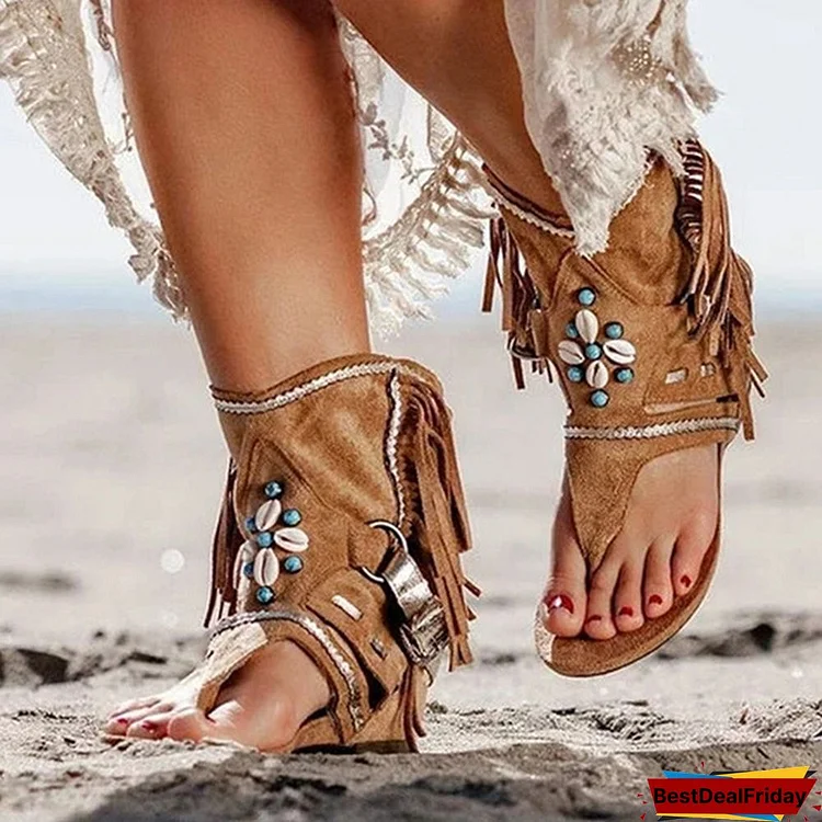 BestDealFriday Women's Fashion Tassel Roman Boho Sandals Flock Retro Ankle Sandal Shoes Summer Flats Flip Flops Bohemian Beach Boot Shoes Plus Size