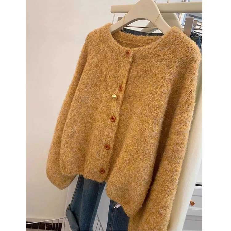 Athvotar Athvotar Yellow Sweater Women's Round-Neck Knitted Open Shirt Jacket Women's Autumn 2025 New Loose Age Reduction Top