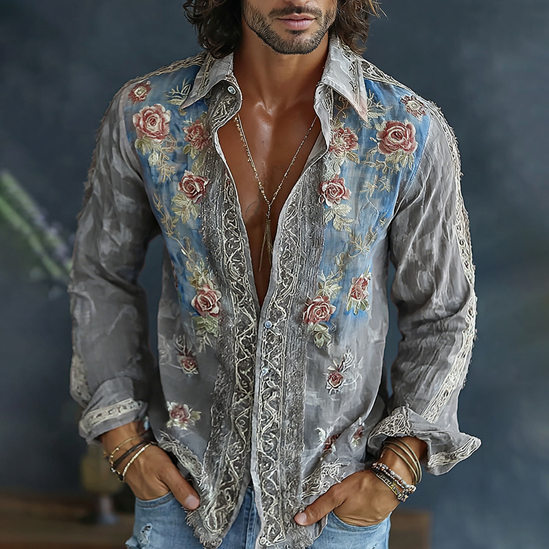 Men's Spring Floral Embroidered Art Print Flowy Linen Blend Casual Shirt Westsshops