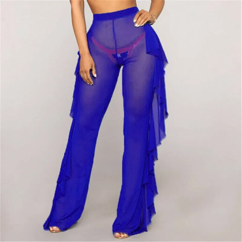 Women Beach Pants New Arrival Mesh Sheer Bikini Cover Up Transparent Ruffle High Waist Pants Long See Through Ladies Trousers
