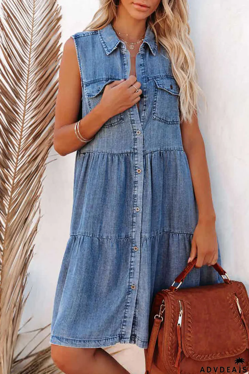 Sky Blue Flap Pockets Button up Sleeveless Denim Dress