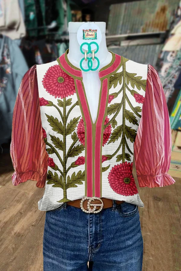 Chic Floral Print Striped Puff Sleeve Top