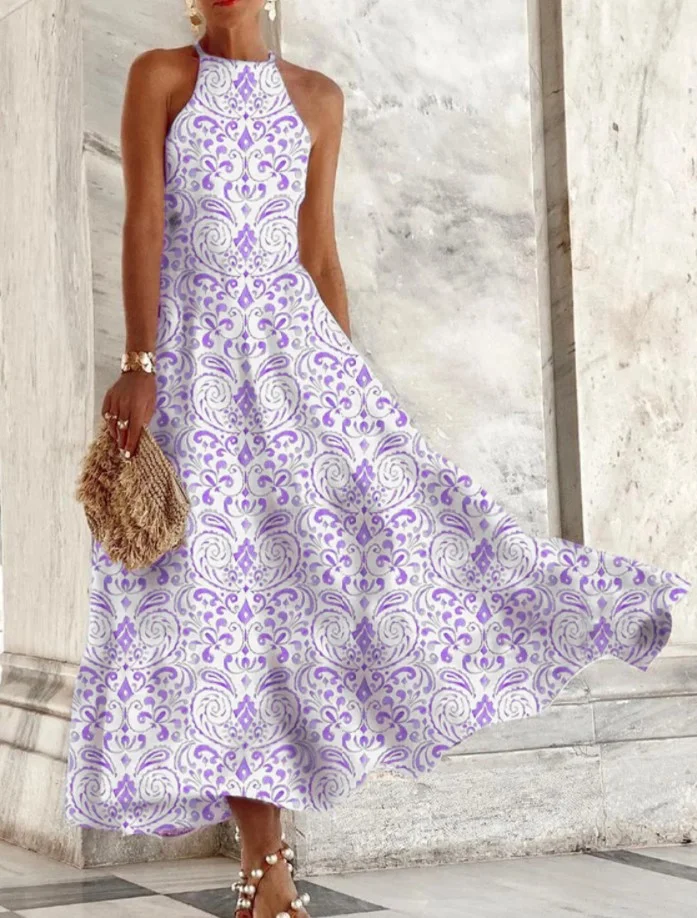 Printed Drawstring Waist Length Large Swing Dress