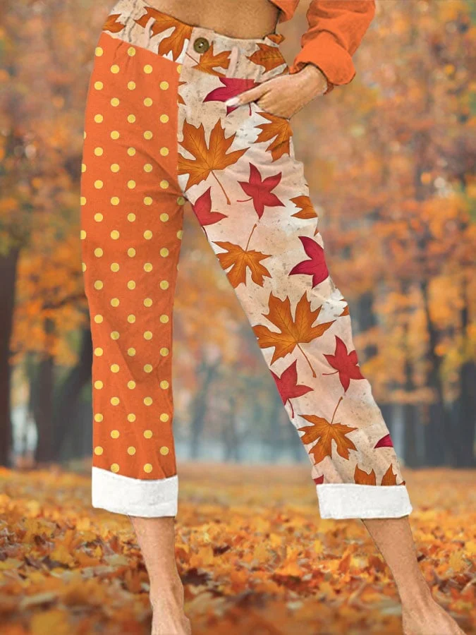 Women's Autumn Maple Leaf Nuclear Polka Dot Print Casual Pants