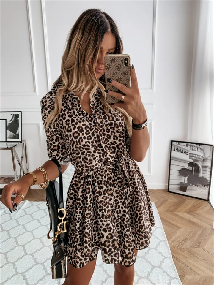 Hot New Spring and Summer Fashion Sexy Print Lapel Leopard Single-breasted Shirt Short Skirt In The Waist Irregular Skirt Dresses Women-Cosfine