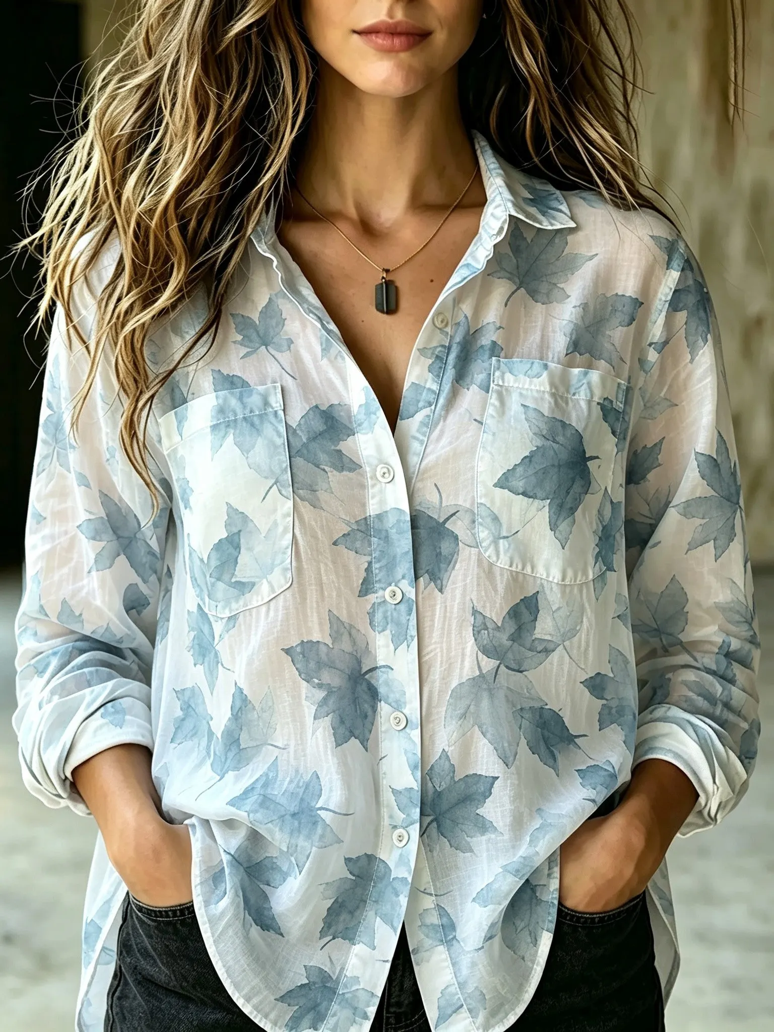 Comstylish Women's Retro Bohemian Floral Maple Leaf Print Cotton Linen Shirt