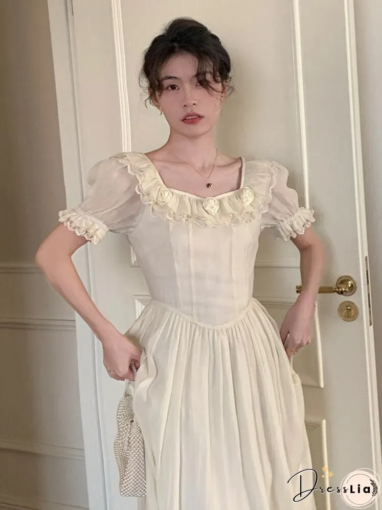 Joskka Rose Flower Elegant Vintage Dress Women Ruffles Lace Fairy Sweet Long Dress Female Bubble Sleeve Princess Designer Dress