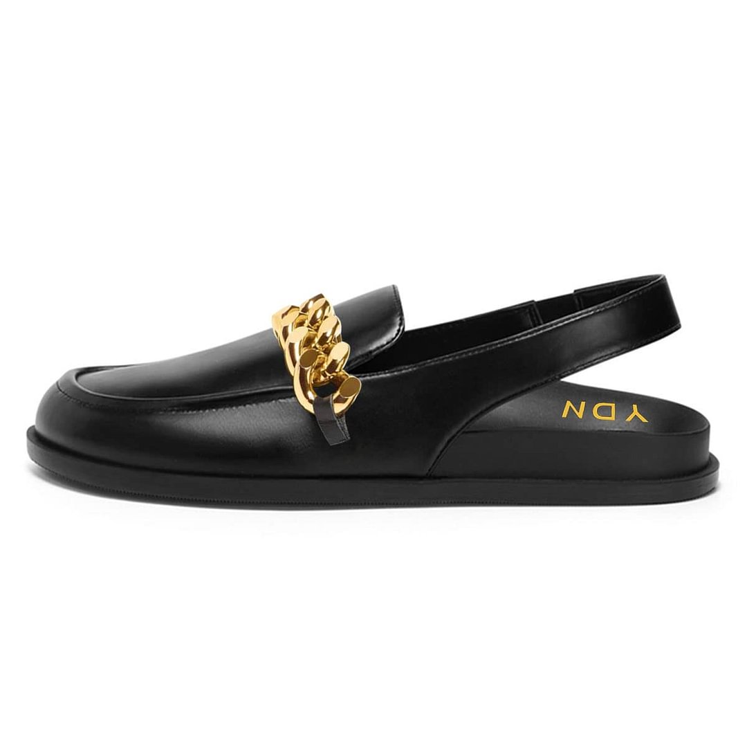 Black Round Toe Flat Slingback Women's Loafers with Gold Metal Chain