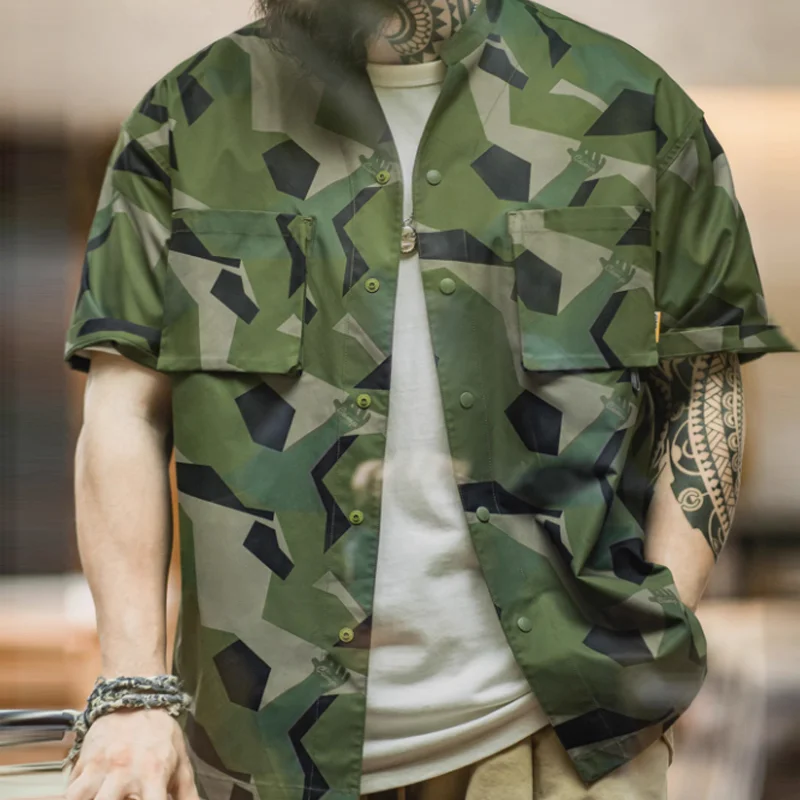 Vintage M90 Geometric Camouflage Military Stand Collar Shirt