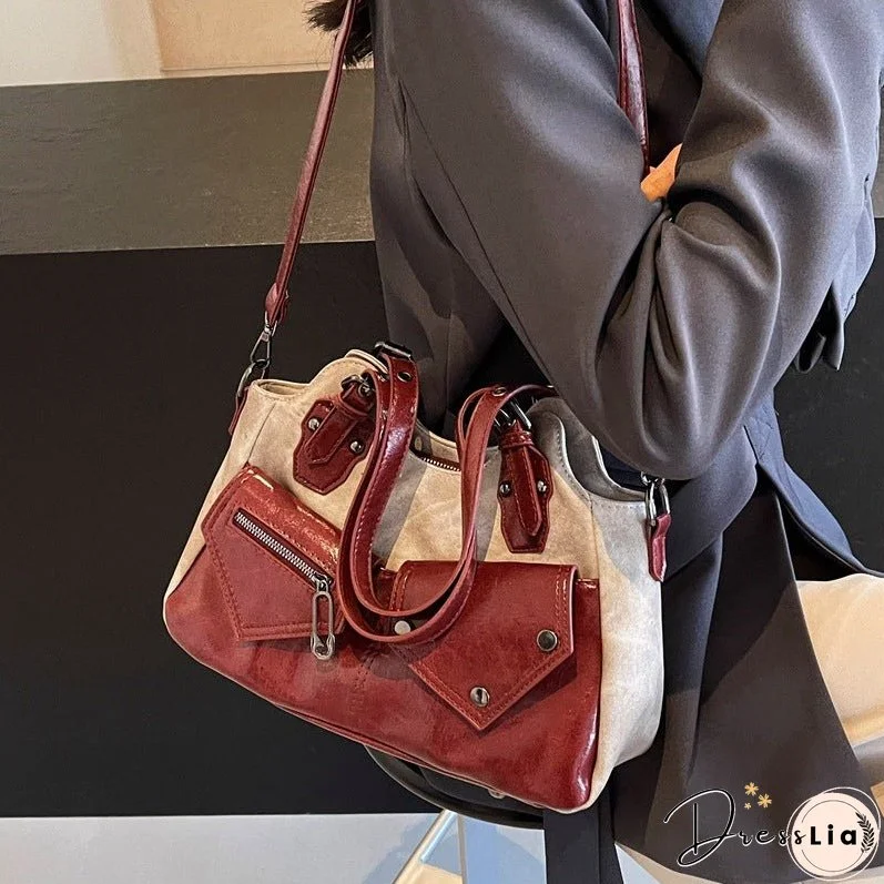 Cross-Border Retro HOT and NEW Large Capacity Shoulder Bag New Crossbody Bag Stitching Women's Bag Simple Soft Leather Tote