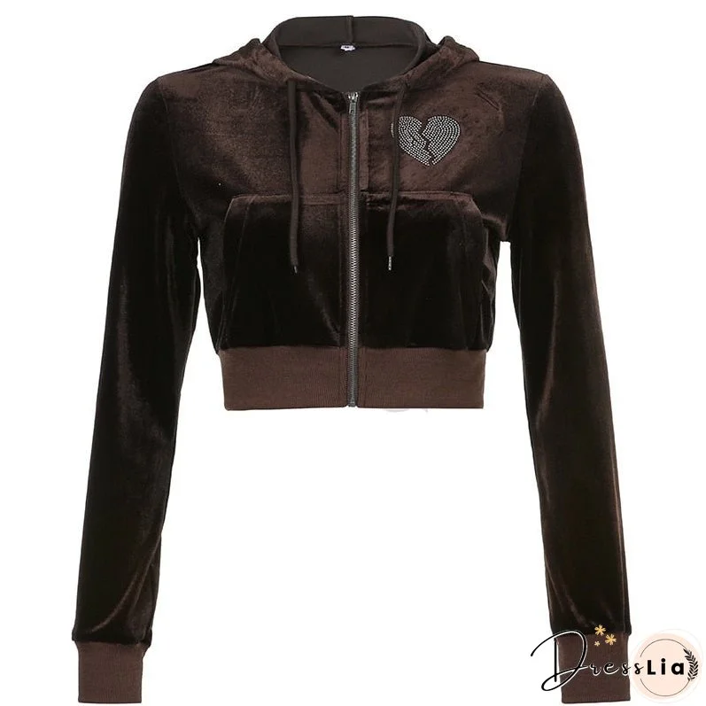 Christmas Gift Kefira Autumn Winter Sweet Velvet Diamond Heart Hoodies Women Hooded Jackets Zip Up Long Sleeve Cropped Top Sweatshirts